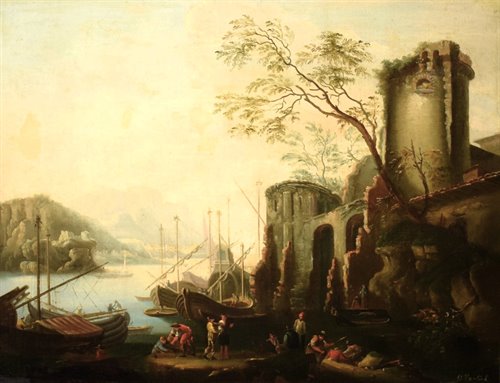 Paysage côtier avec port et ruines